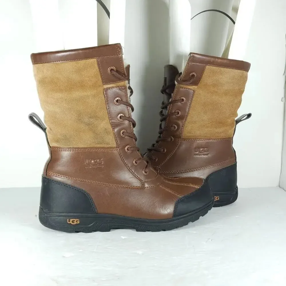 UGG Butte Il Youth US6 /W US7 Brown Leather Sheepskin Lined Lace Up Winter Boots